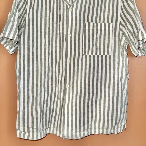 H&M Men's Linen Blend Short Sleeve Button Down T-Shirt Tee Green White - Medium - Picture 7 of 9